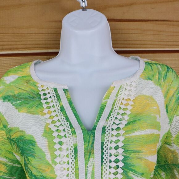 Alfred Dunner Blouse Womens PM Green White Leaves 3/4 Sleeves Embroidered Trim - Picture 4 of 6